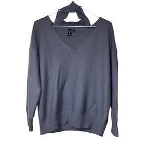 V Neck Sweater Waffle Knit Pullover Oversized Blue Women’s Small With Cut Out